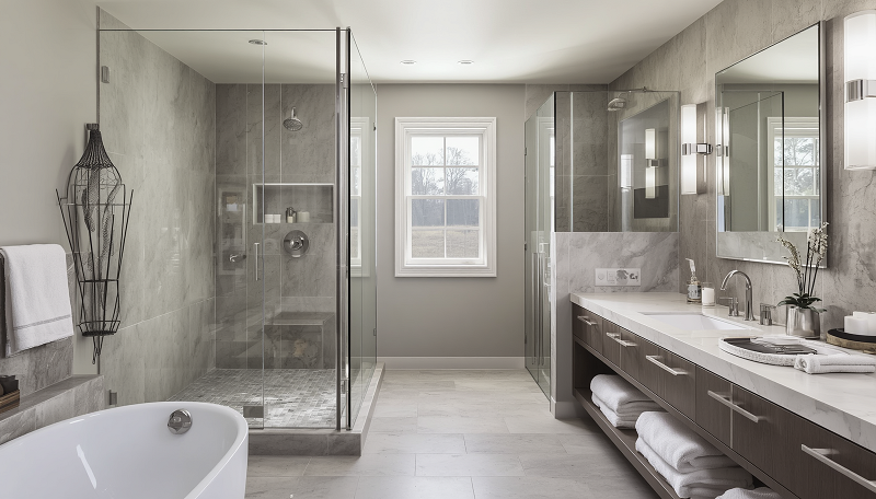 Modern bathroom with walk-in shower and floating vanity in Massachusetts home