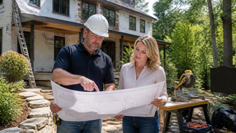 Construction contractor reviewing project plans with client in Massachusetts job site