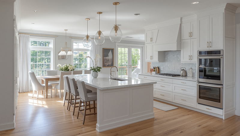Modern kitchen remodel with quartz countertops and island in Massachusetts home