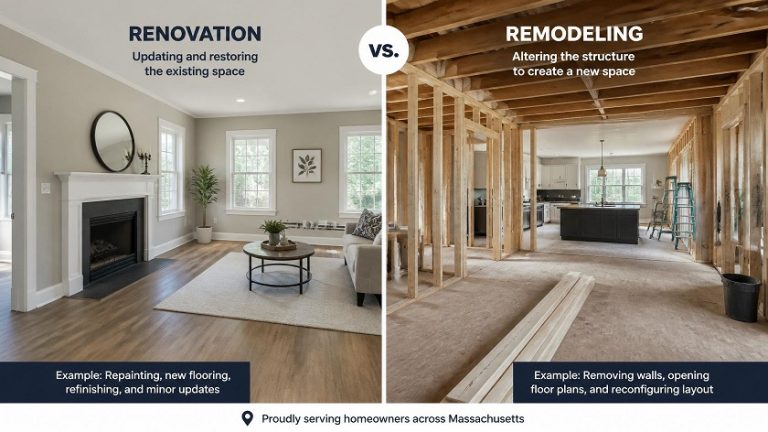 Home renovation and remodeling comparison showing construction planning in Massachusetts house