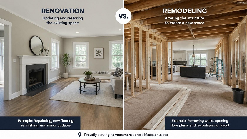 Home renovation and remodeling comparison showing construction planning in Massachusetts house