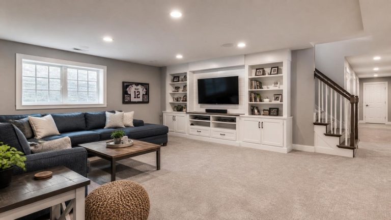 Finished basement remodeling project with modern family room in Massachusetts home