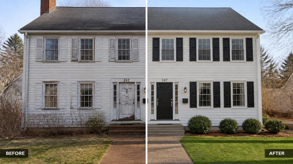 Replacement windows and exterior door on a renovated Massachusetts home