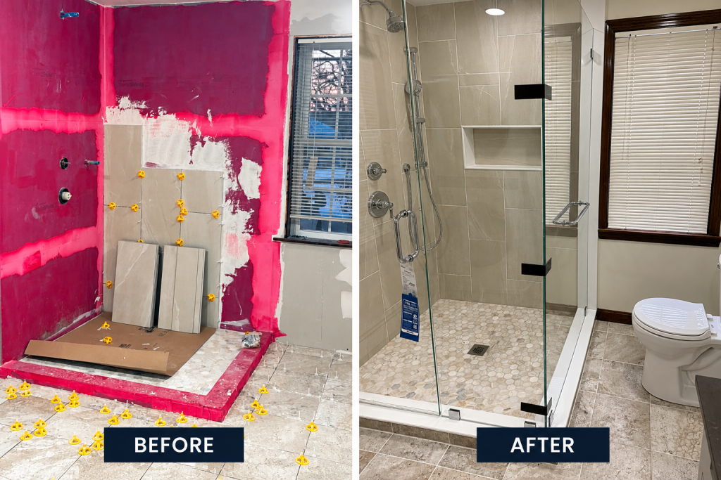 Bathroom remodeling construction process after demolition by Ronie Construction in Massachusetts